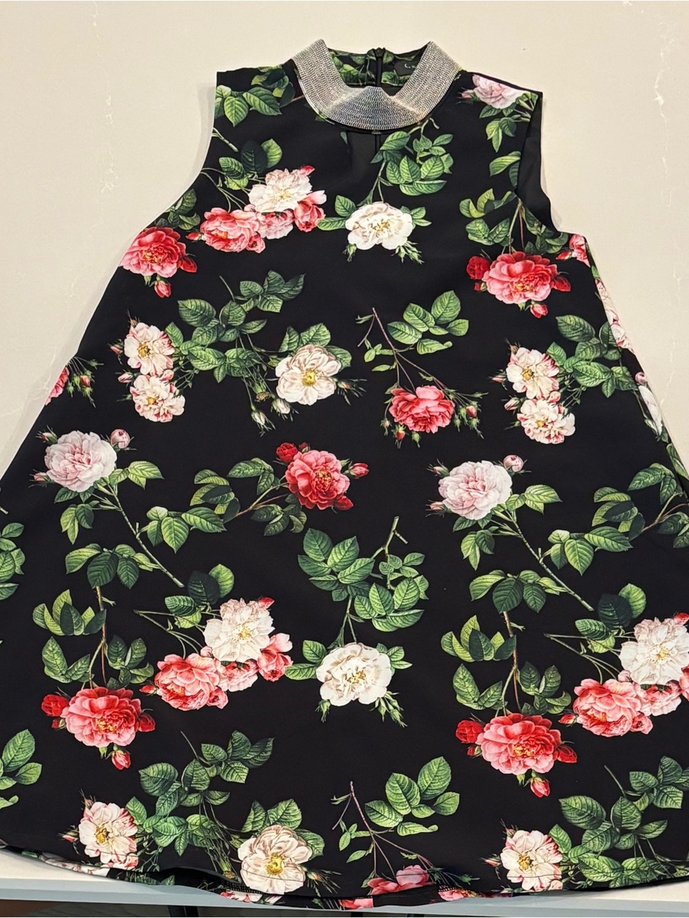 Gracia Black Floral A-Line Dress with Silver Neckline